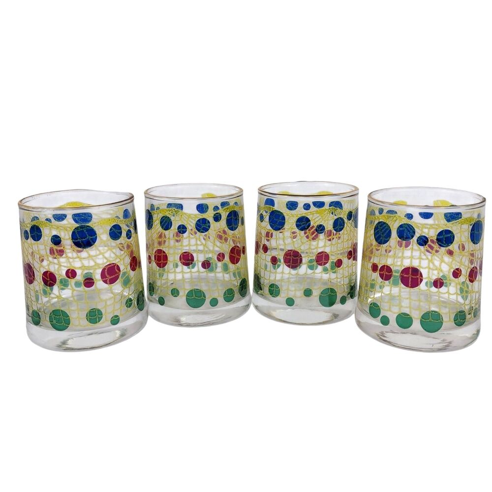 Bartlett Collins Gibraltar MCM Barware Lowball Glasses Circles Dots Gold Fishnet